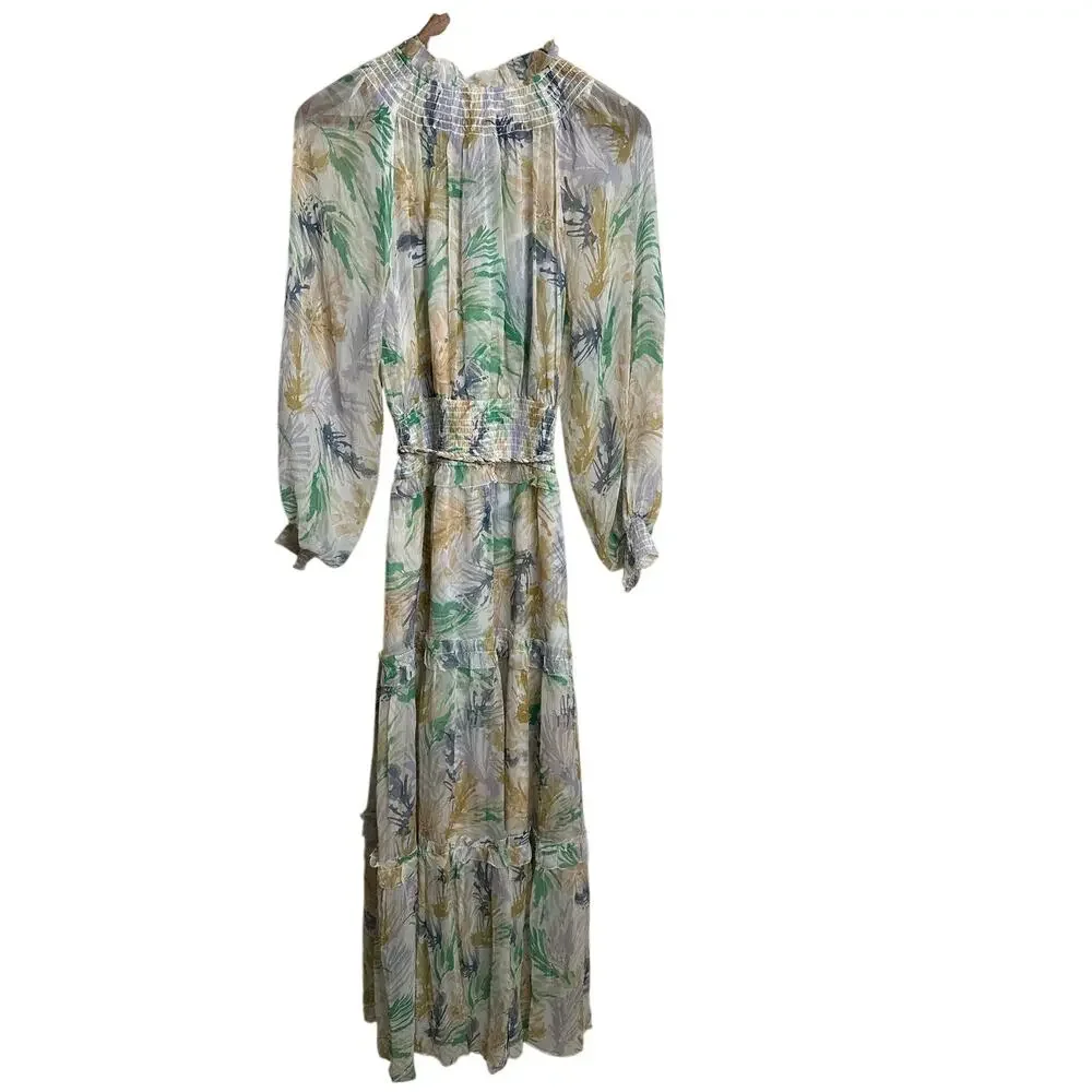 Christy Lynn Florence Maxi Dress Womans M NWOT 100% Silk Smocked Palm Print